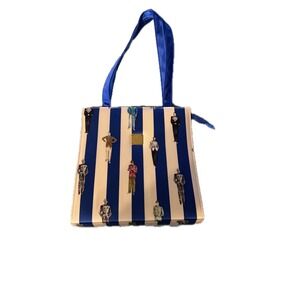MCM Tote Bag Blue White Stripe Print Leather Trim Gold Hardware